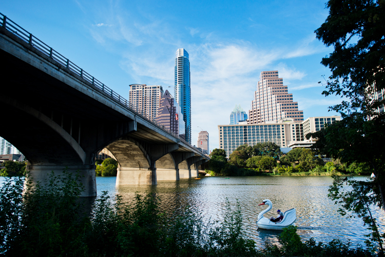 view of downtown Austin from below congress avenue