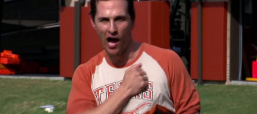 Matthew McConaughey leads the Longhorns in his famous 'Wolf of Wall Street' chant. Screenshot via YouTube.