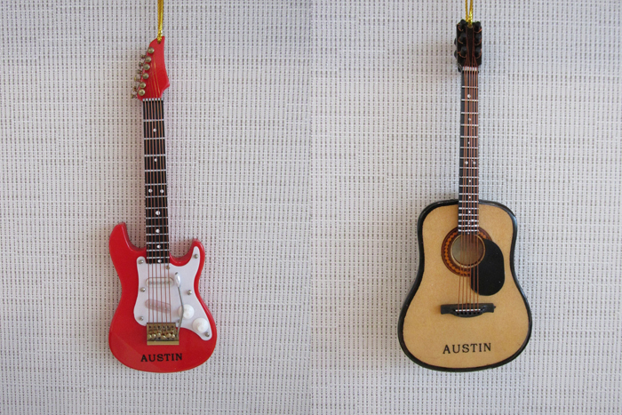 Austin guitar ornaments by Broadway Gifts Company. Photo: Austin Gift Shop Online Store electric acoustic music play musician