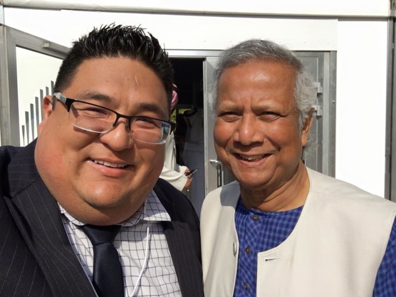Ruben Cantu meets with Mohammed Yunus as part of the UN World Government Summit in Dubai, United Arab Emirates (Photo Credit: Ruben Cantu)