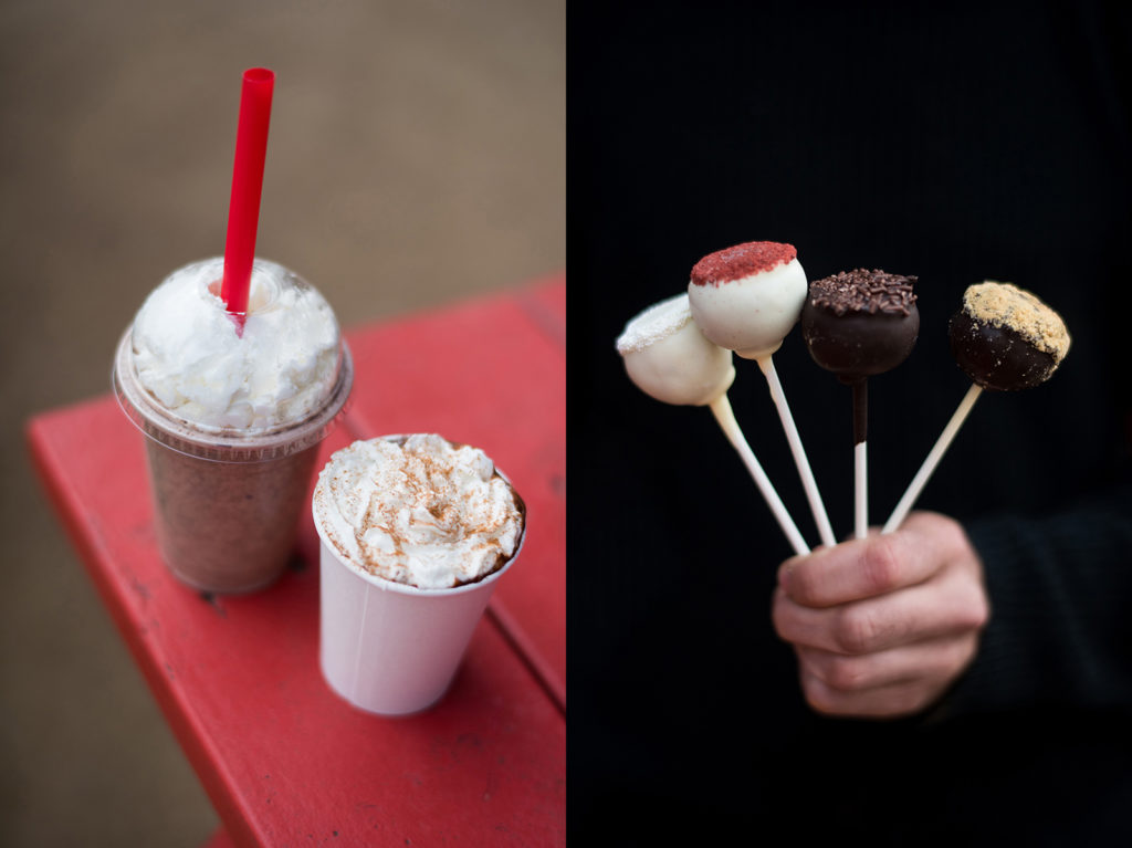 From left to right, The Holy Cacao's Cake Shake, Hot Chocolate, and Cake Balls.