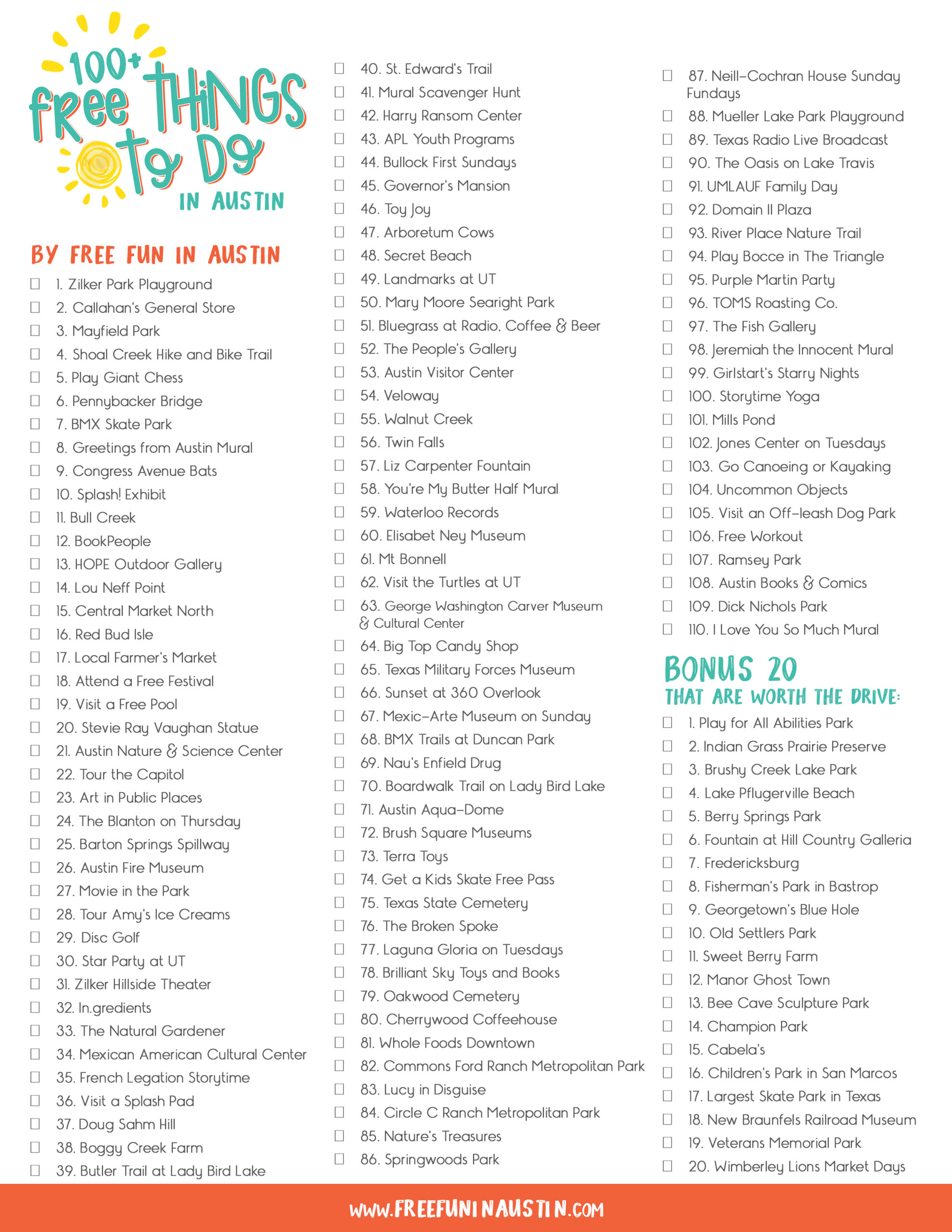 100+ Free Things to Do in Austin Checklist