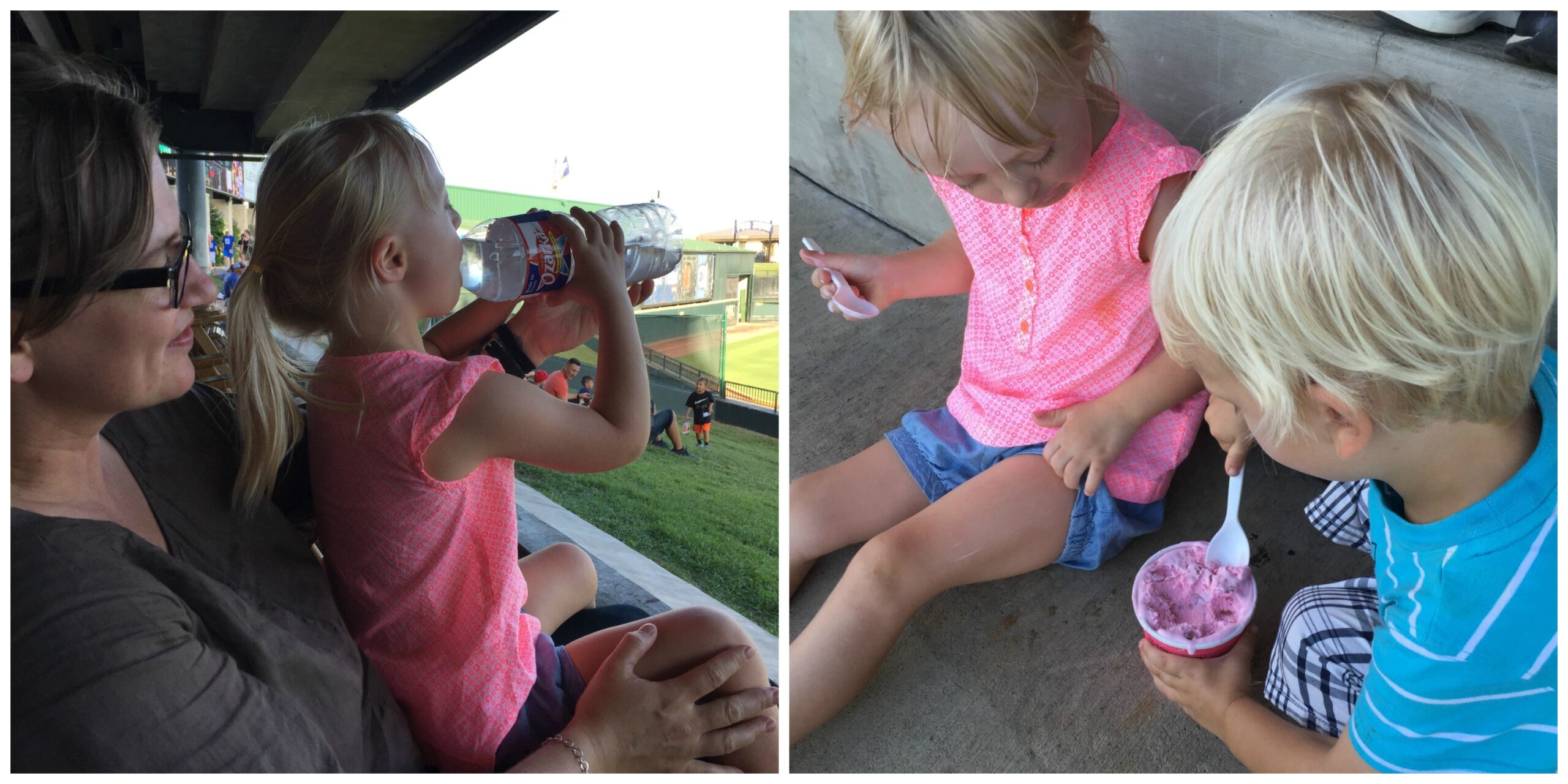 Watching the game from our rocking chair (L); the kids share strawberry ice cream (R)