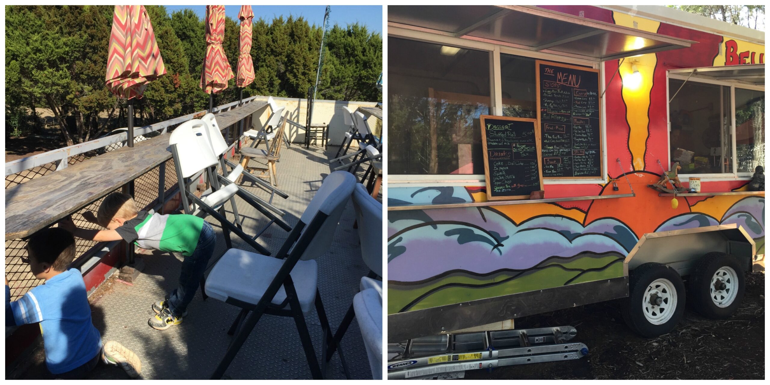 Atop the Level Up bus; another colorful food trailer at The Thicket | Free Fun in Austin